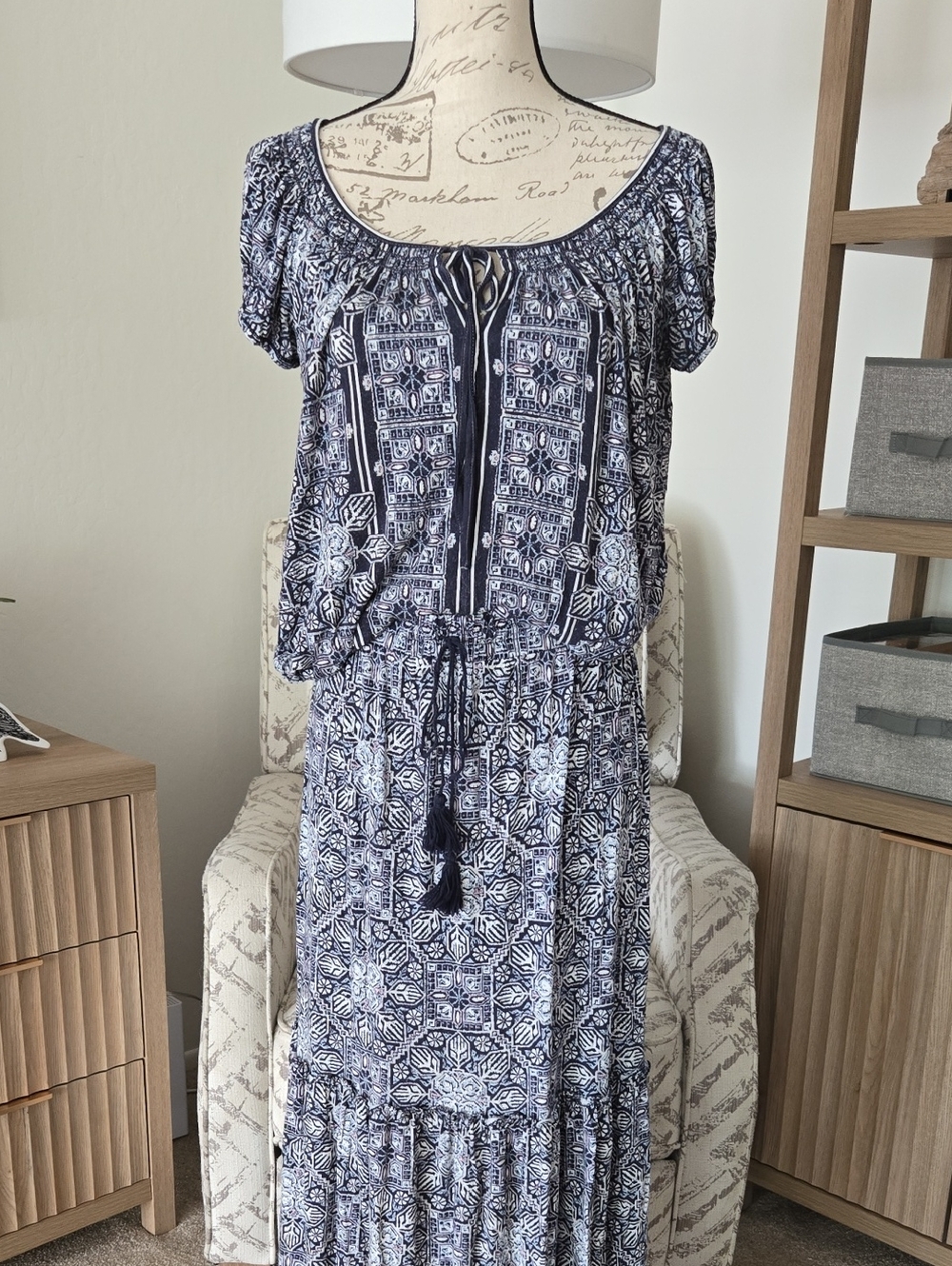 Max Studio Navy and White Printed Boho Sirt & Top